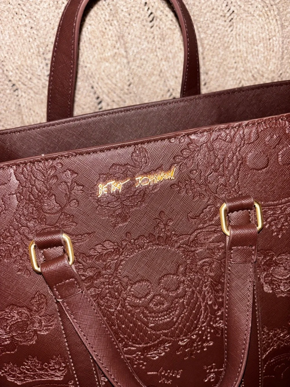 Betsey Johnson Brown Skull & Floral Embossed Tote Bag - Gold Skull Studs - Picture 3 of 11